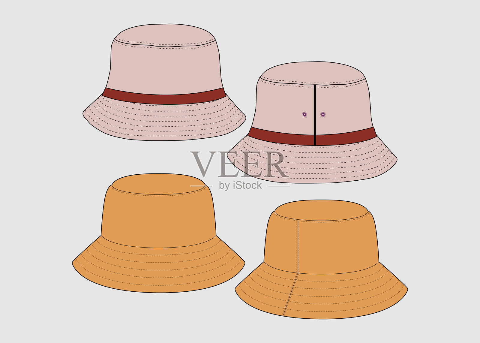 帽子时尚平面草图技术图纸矢量插图帽子模板矢量插图前后视图桶帽CAD模型桶帽平面草图时尚插图插画图片素材