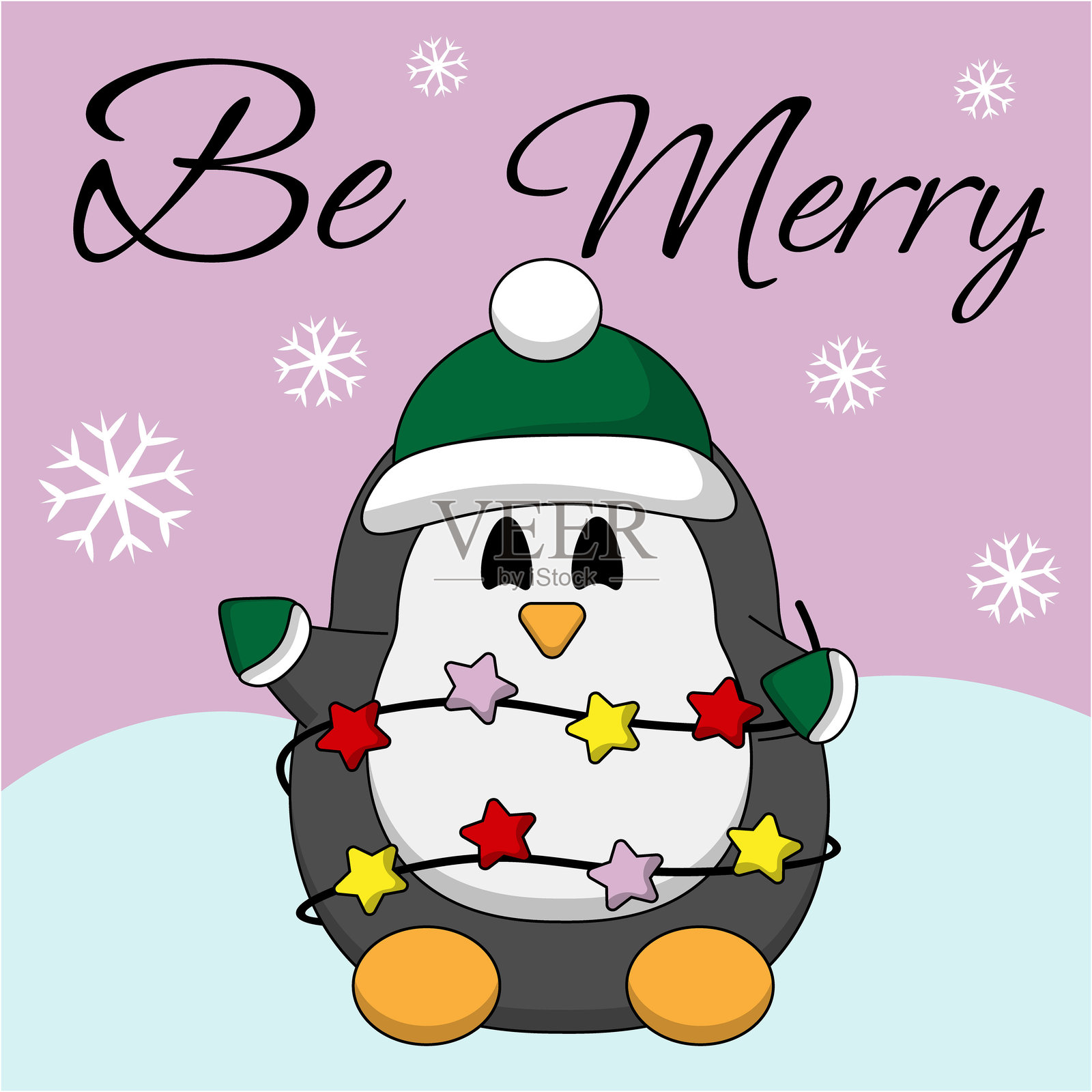 圣诞贺卡与可爱的企鹅与花环插画图片素材