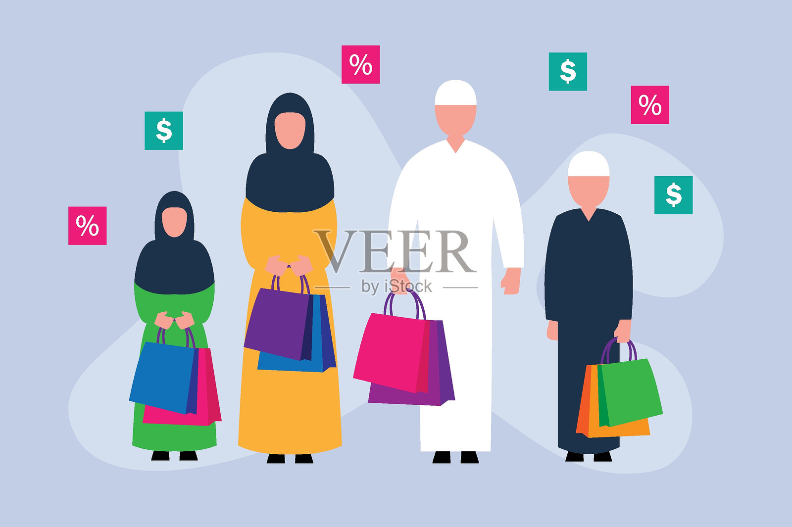 爸爸、妈妈和孩子们提着购物袋插画图片素材