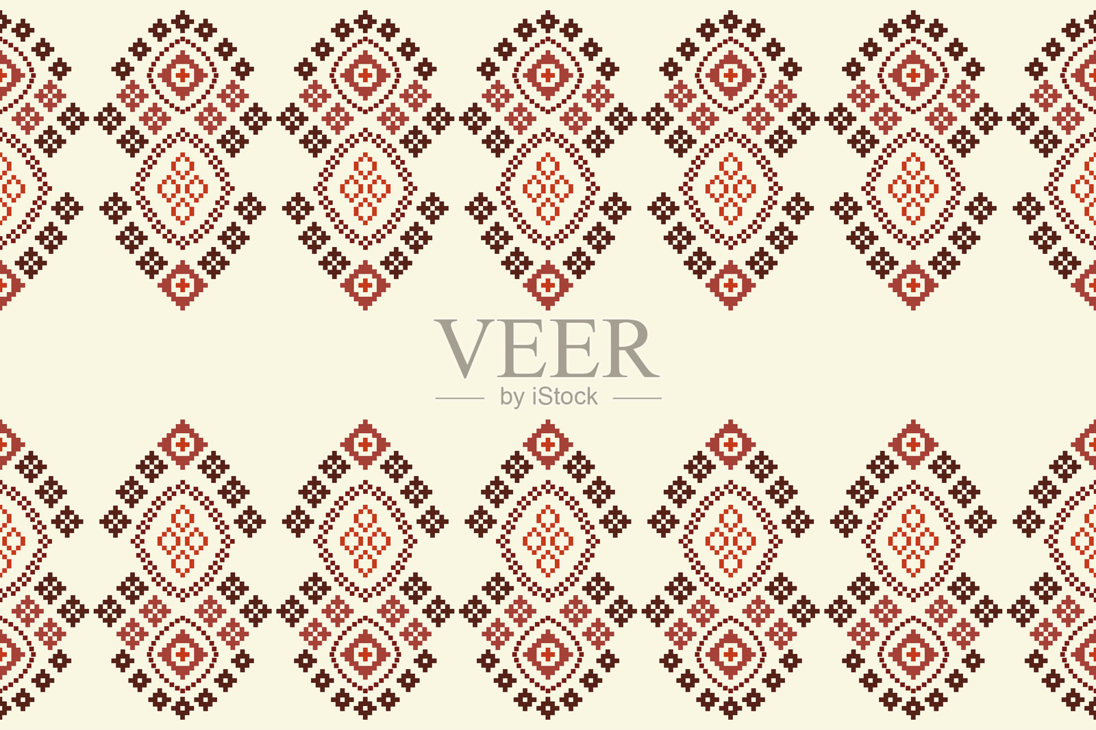 传统的民族图案是几何织物图案十字绣。伊卡特刺绣民族东方像素棕色奶油标签背景。抽象,向量,插图。质地,装饰,墙纸。插画图片素材