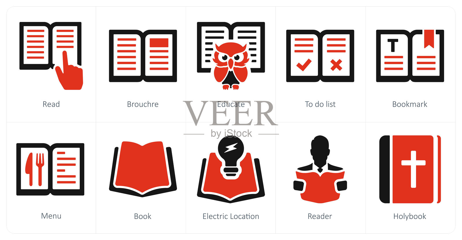 一套10个混合图标作为阅读，宣传册，教育插画图片素材