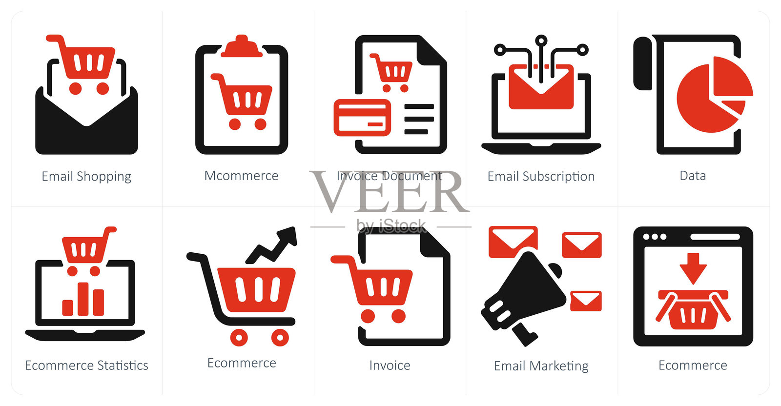一组10个电子商务图标作为电子邮件购物，移动商务，发票文件插画图片素材