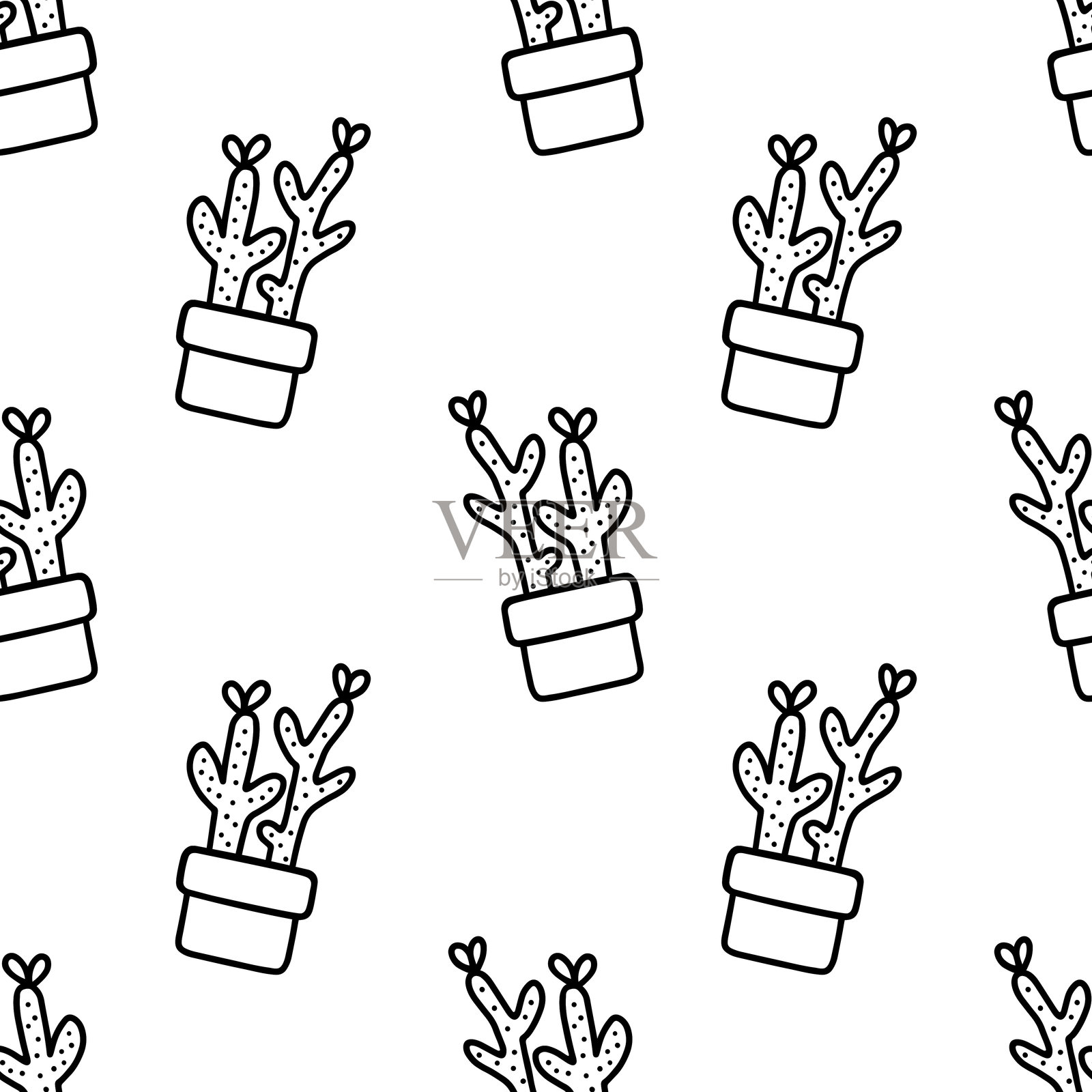 仙人掌的无缝图案大纲卡通涂鸦，矢量。插画图片素材
