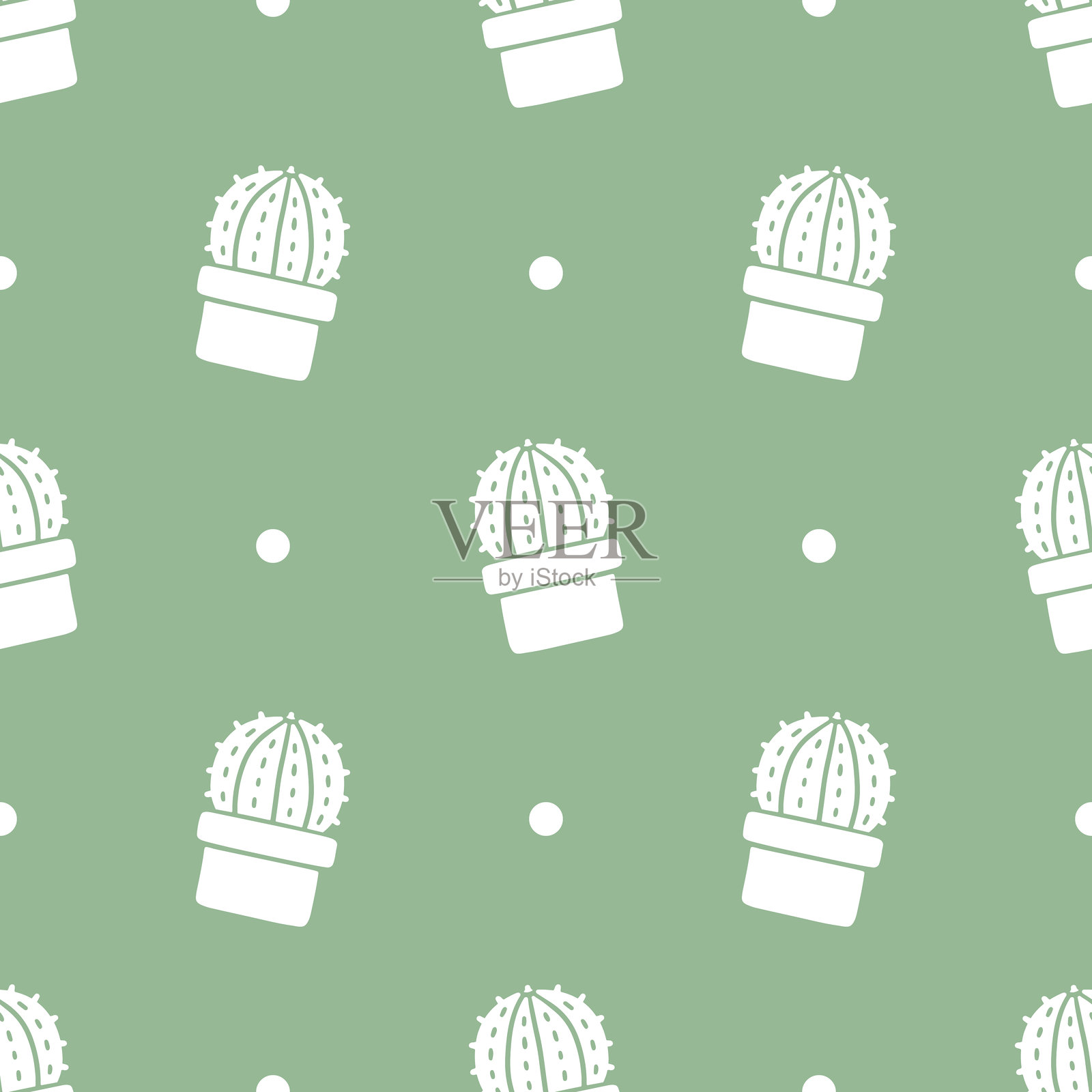 仙人掌卡通涂鸦的绿色背景，矢量无缝模式。插画图片素材