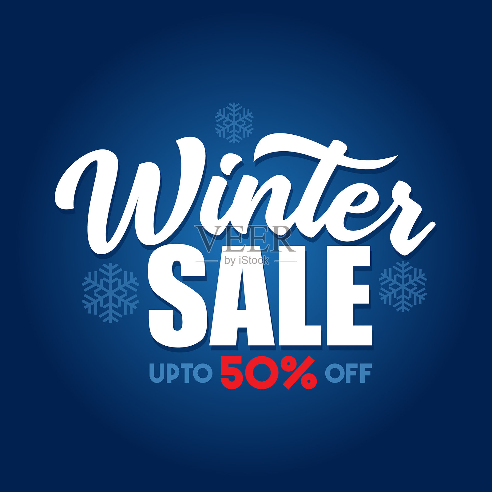 冬季销售横幅布局与大胆的现代文字在蓝色冷背景。圣诞假期特别优惠横幅，海报，传单。冬季销售字体贺卡。优惠高达五折插画图片素材