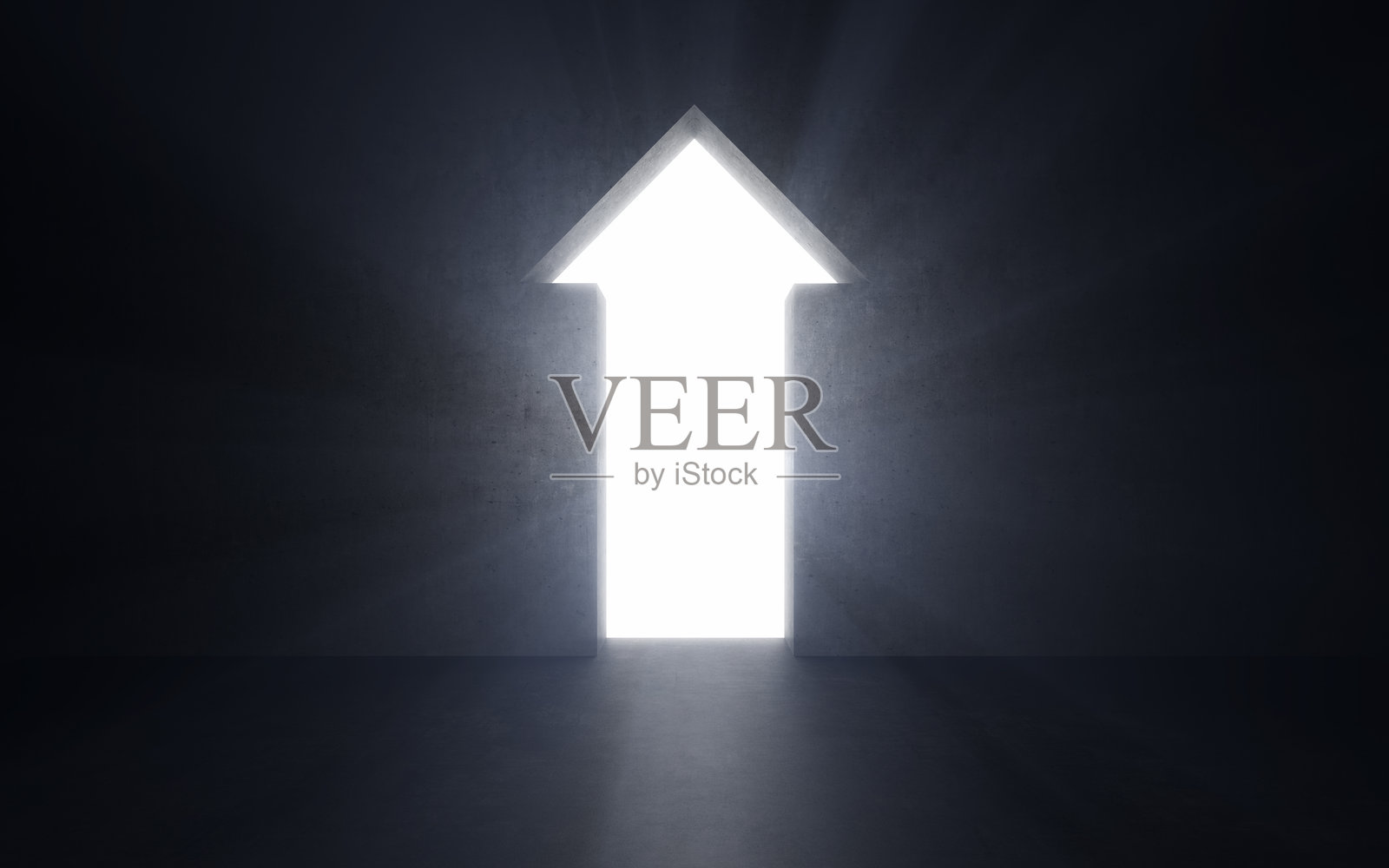 墙上的箭头形开口发出明亮的光。抽象的内部与发光的箭头。传送门的抽象图像，另一个维度。通往天堂和成功之路。照片摄影图片