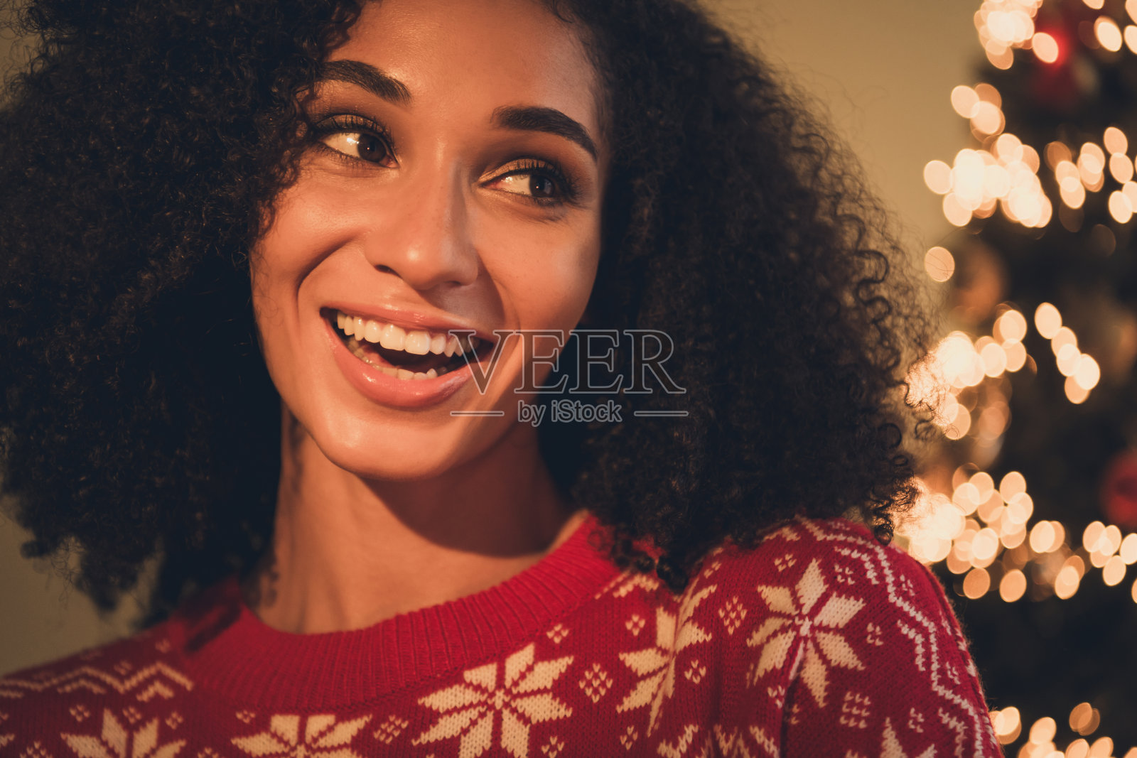 迷人的年轻女孩的照片开朗的看着空旷的空间穿着装饰装备舒适的新年装饰花环家室内客厅照片摄影图片