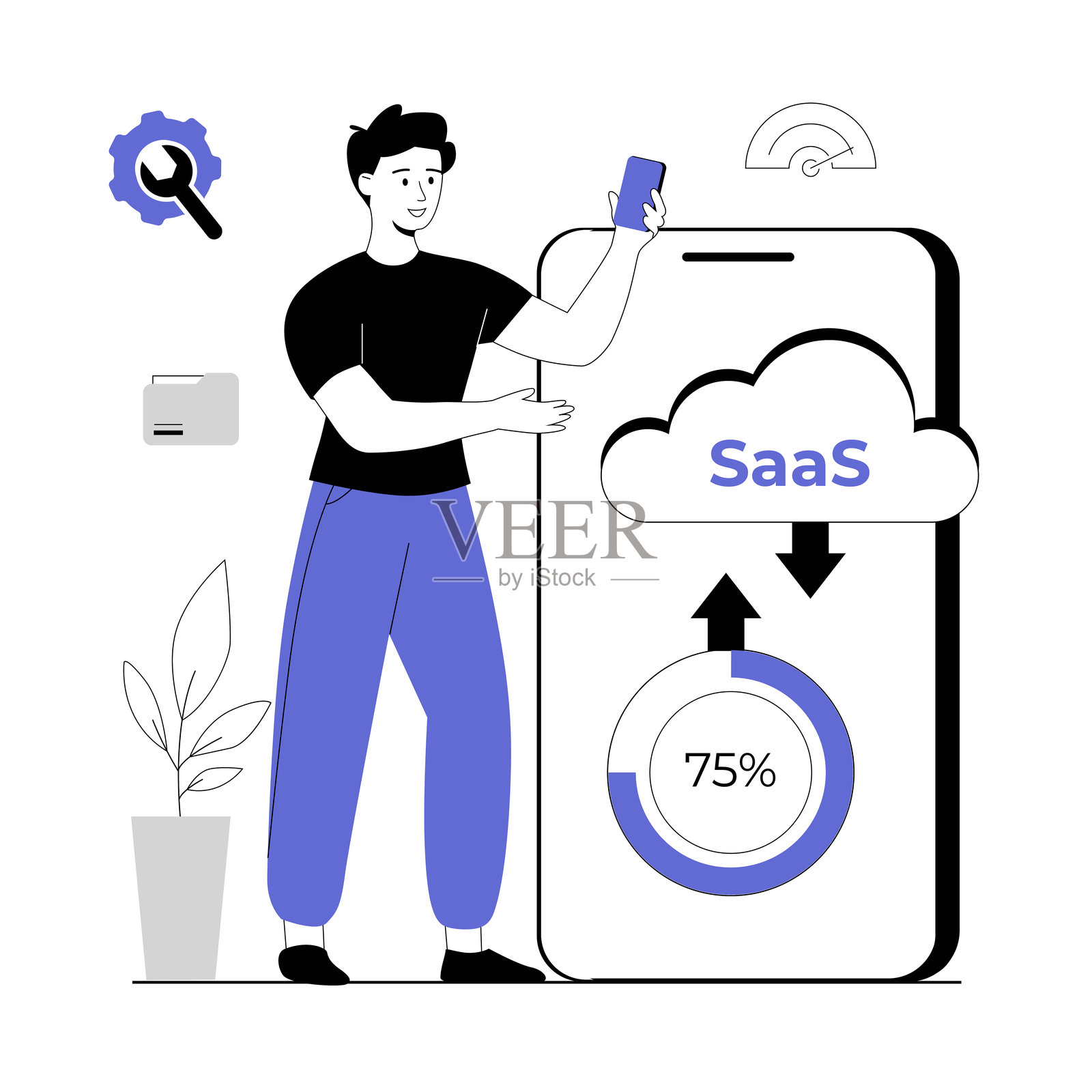 SaaS概念，软件即服务。云计算和存储，在线订阅程序。矢量插图与线的人的网页设计。插画图片素材