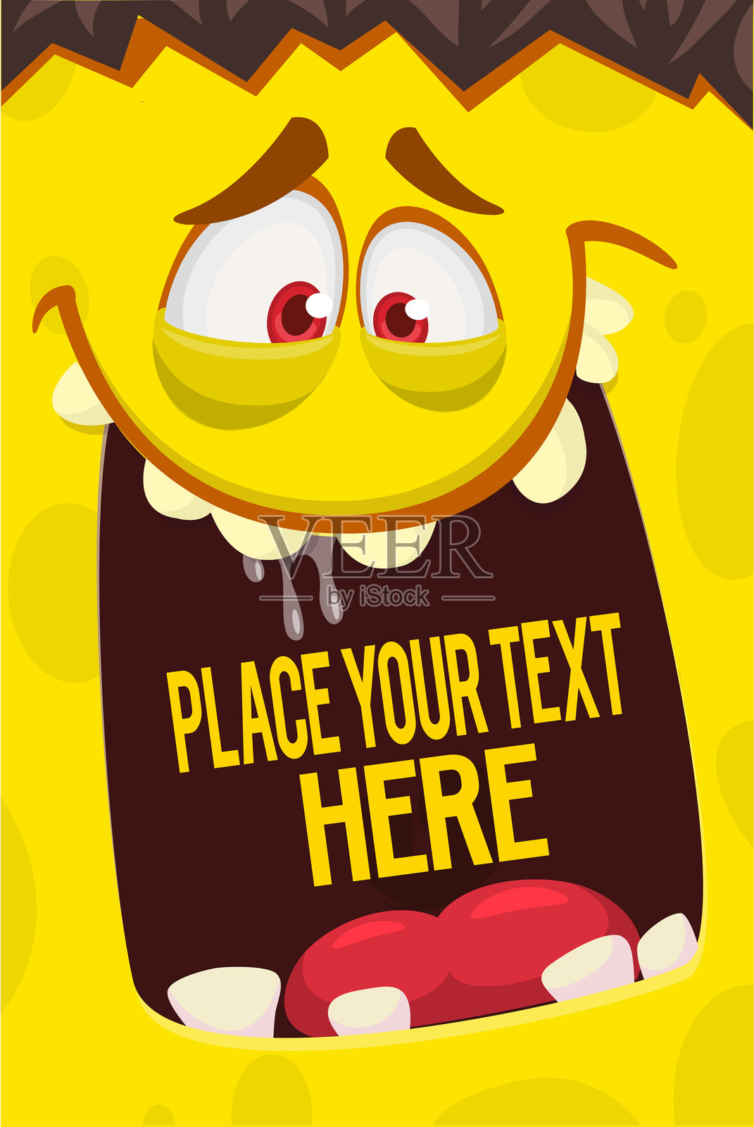 卡通怪物的脸和有趣的表情张开嘴空白的文字横幅。非常适合包装设计或聚会装饰插画图片素材