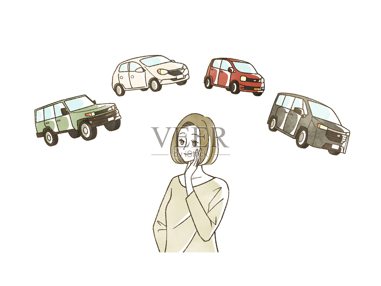 一个在想车的女人插画图片素材