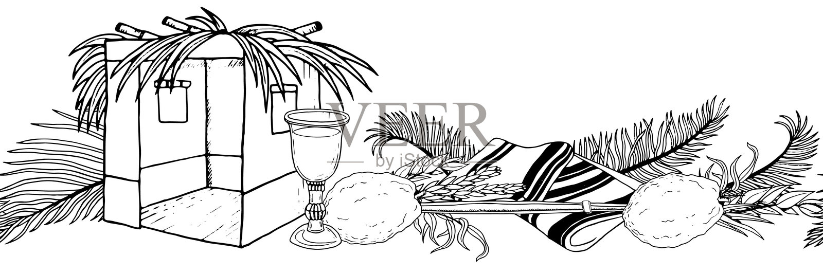 线sukkah小屋与象征性植物的住棚平坦矢量无缝边界在黑色和白色与etrog，四种，tallit和棕榈叶犹太节日无尽的设计插画图片素材