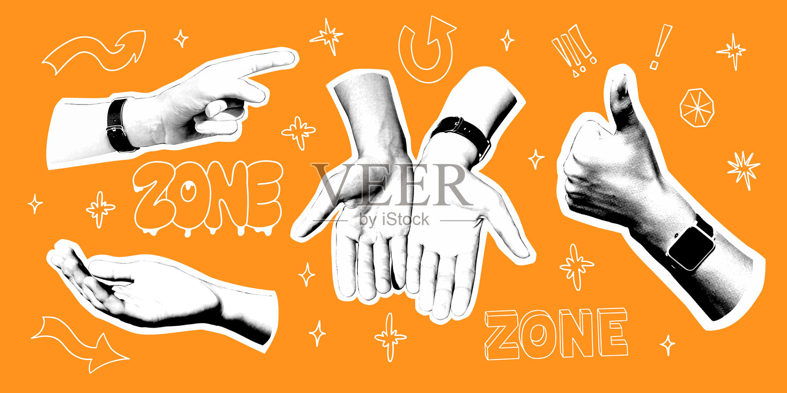 半色调的手与智能手表和涂鸦插画图片素材