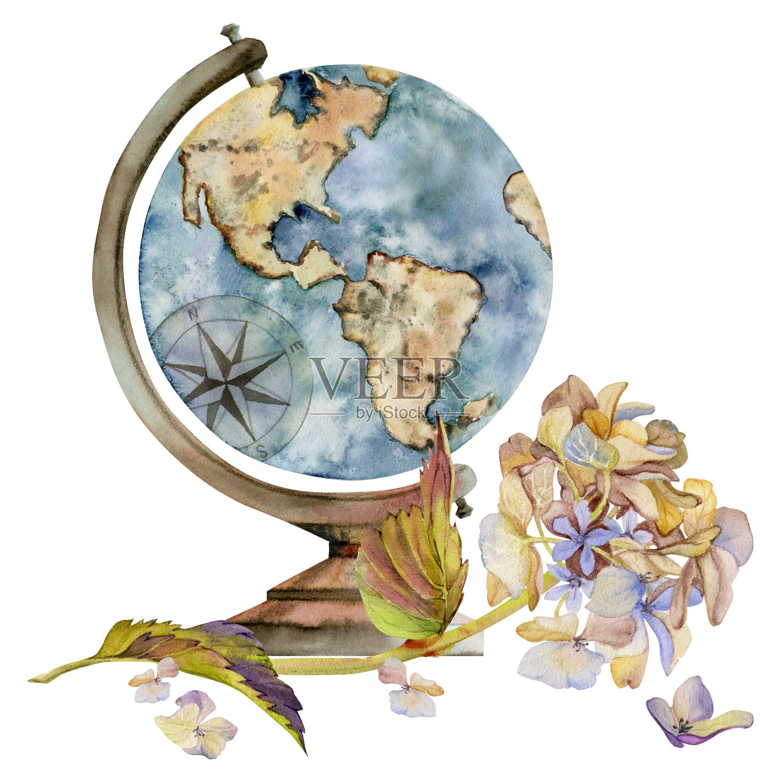 导航古老的复古地球仪，美洲美景，有绣球花枝叶。水彩手绘插图。为旅游、旅游、学校、婚礼、导游、印刷、卡片纹身等设计。插画图片素材