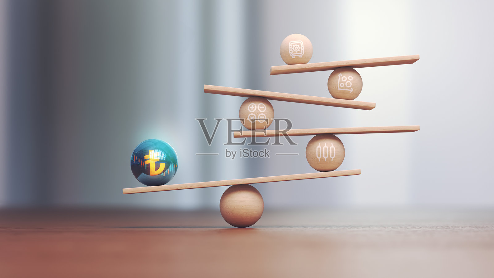 蓝色黄色金属球土耳其里拉符号在木制天秤座规模和木制金融图表的景深照片摄影图片