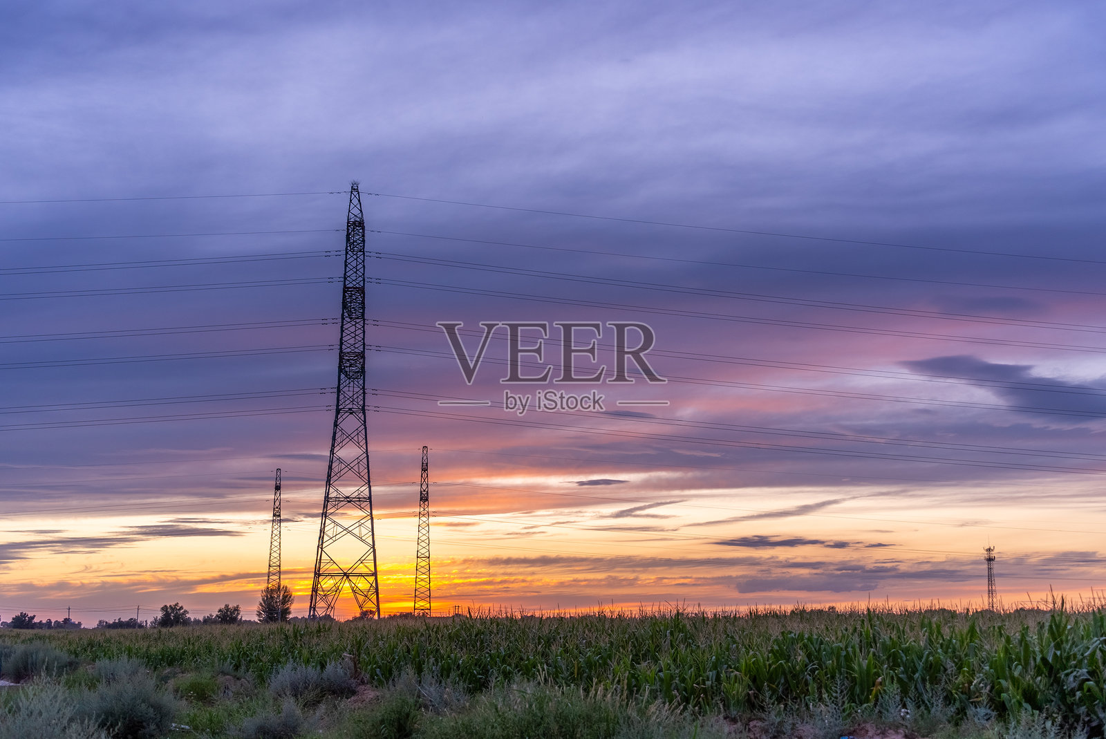 夕阳下的高压电线铁塔照片摄影图片