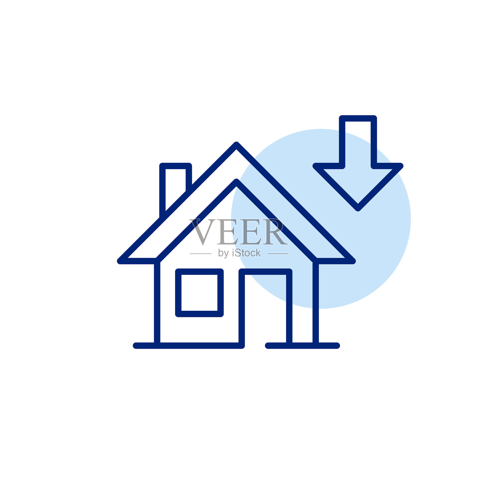 房子和箭向下。房地产价格下降，住房市场和抵押贷款利率下降。像素完美，可编辑的笔画图标插画图片素材