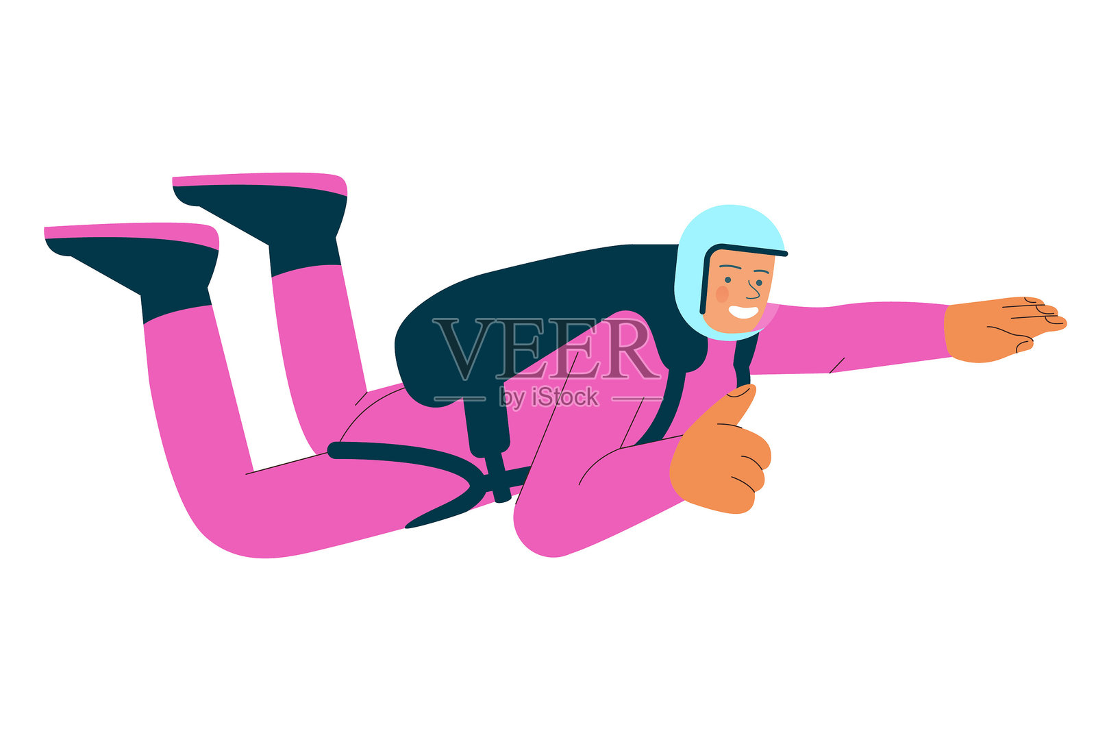 开朗的飞女摆好手势，表演单人跳伞。极限运动。现代平面矢量插图。插画图片素材