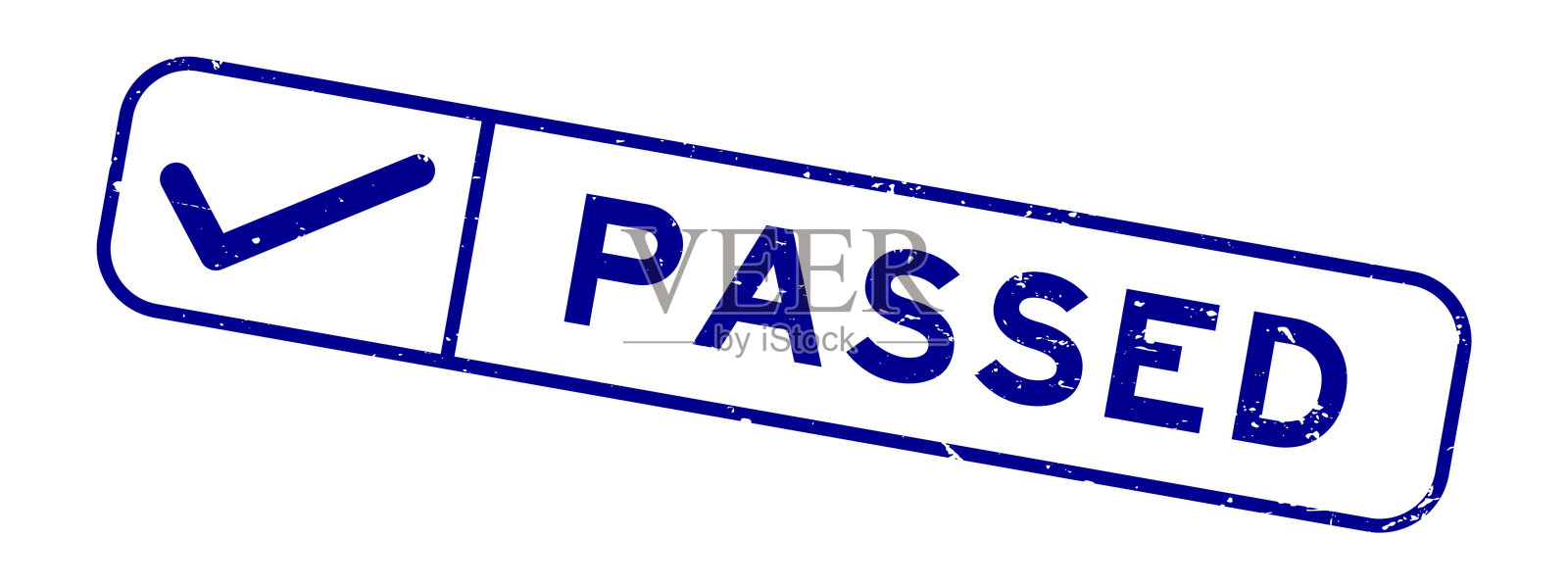Grunge蓝色通过字右勾标记图标方形橡胶印章白色背景插画图片素材