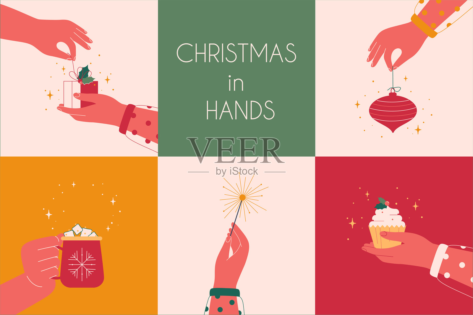 圣诞设计集。圣诞贺卡上人手握着寒假的象征:礼物、烟花、圣诞树玩具、热可可、纸杯蛋糕插画图片素材