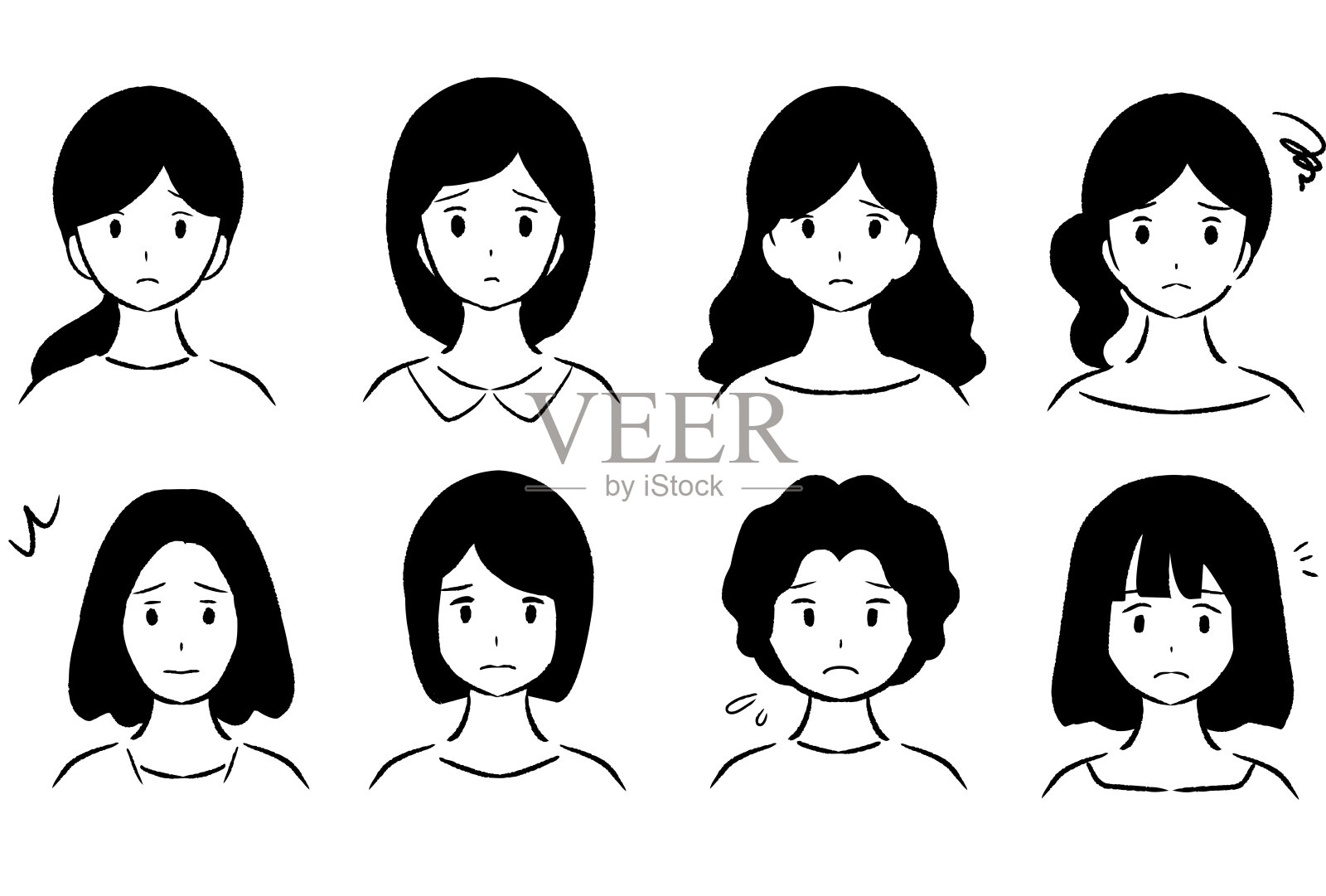 线条画插图集几个年轻妇女的不安的脸插画图片素材