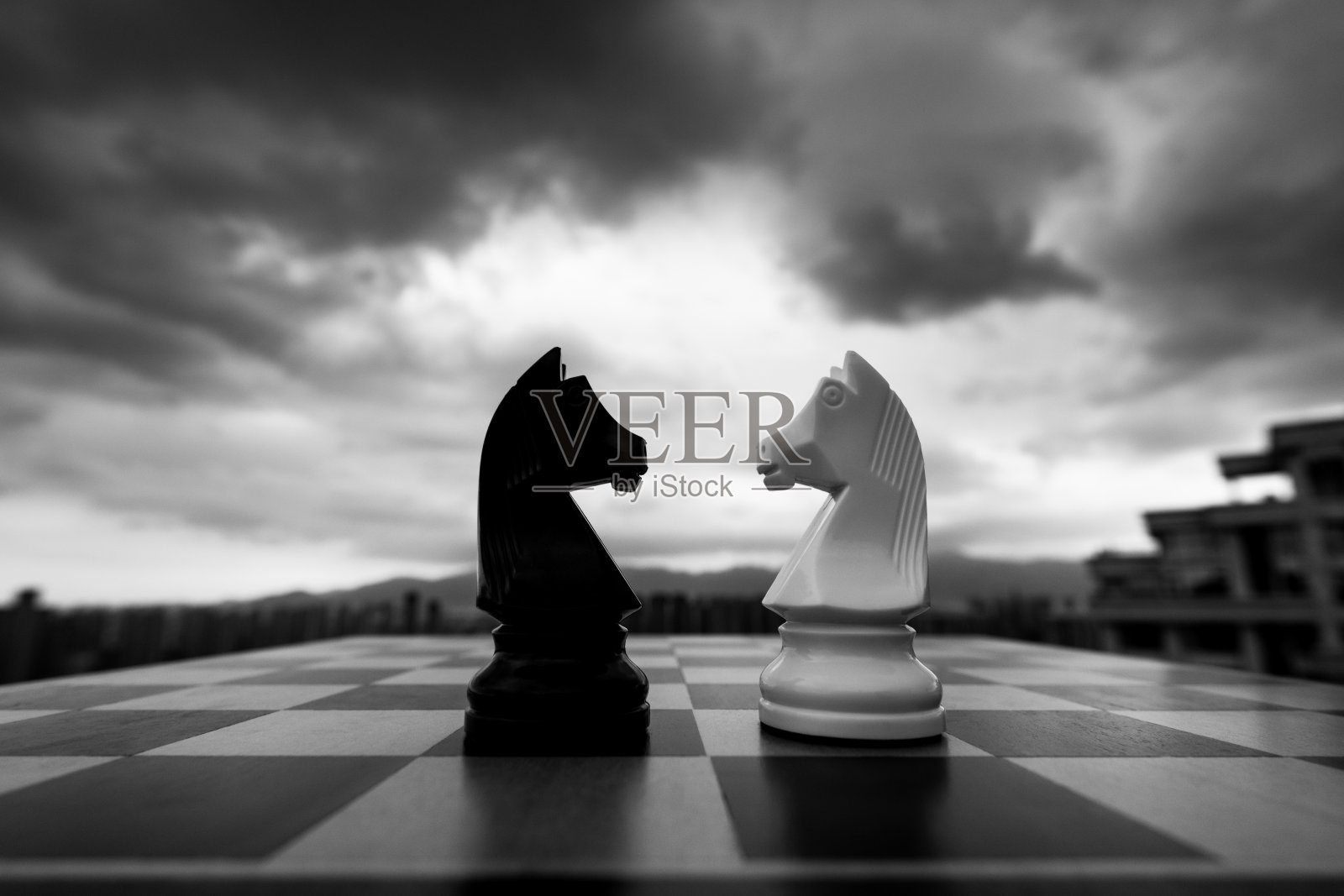 两个象棋骑士在城市背景照片摄影图片