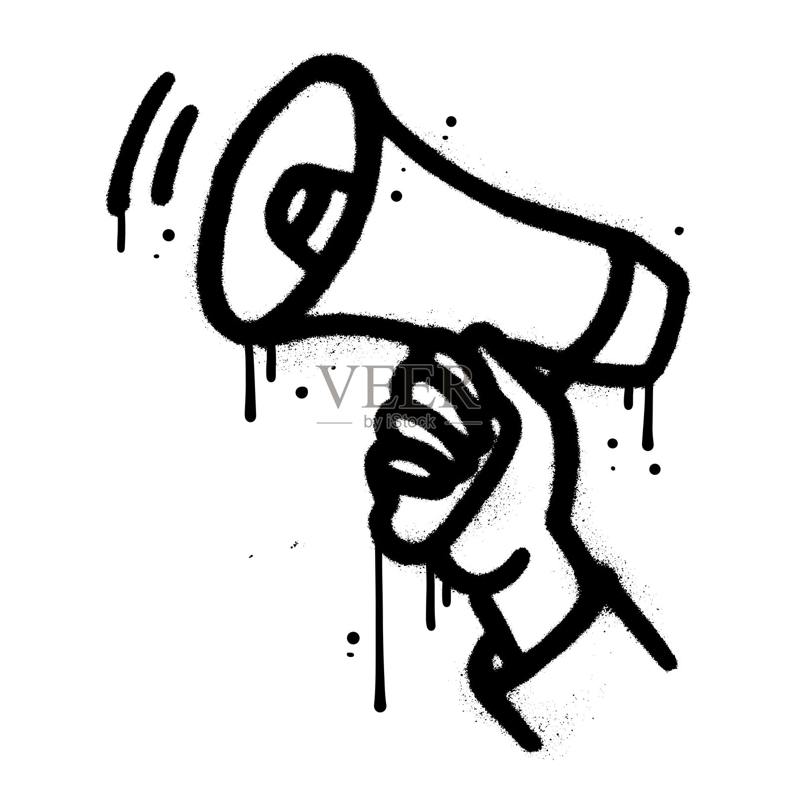 喷漆涂鸦扩音器在手图标喷黑色在白色孤立。手持扬声器。纹理复古矢量插图。插画图片素材