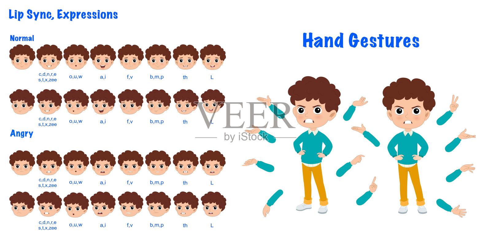 一个可爱的小卷发愤怒的男孩卡通人物创作集与口型和手势。愤怒的男孩卡通人物正面和1/3的站立姿势。插画图片素材