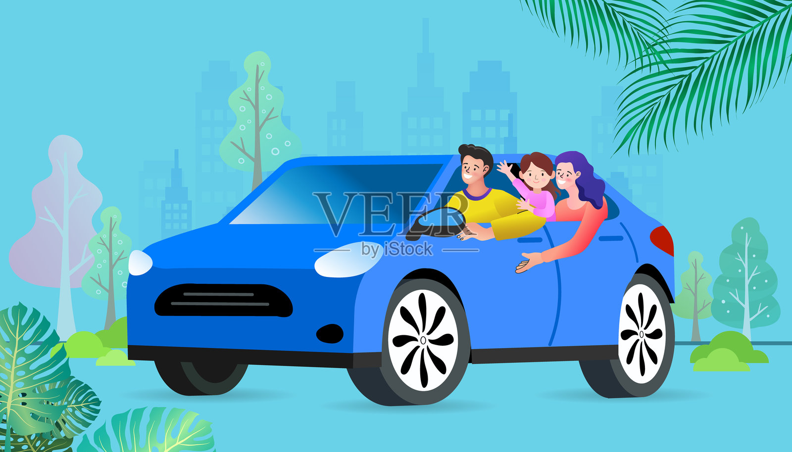 一家人开车去自驾游。插画图片素材