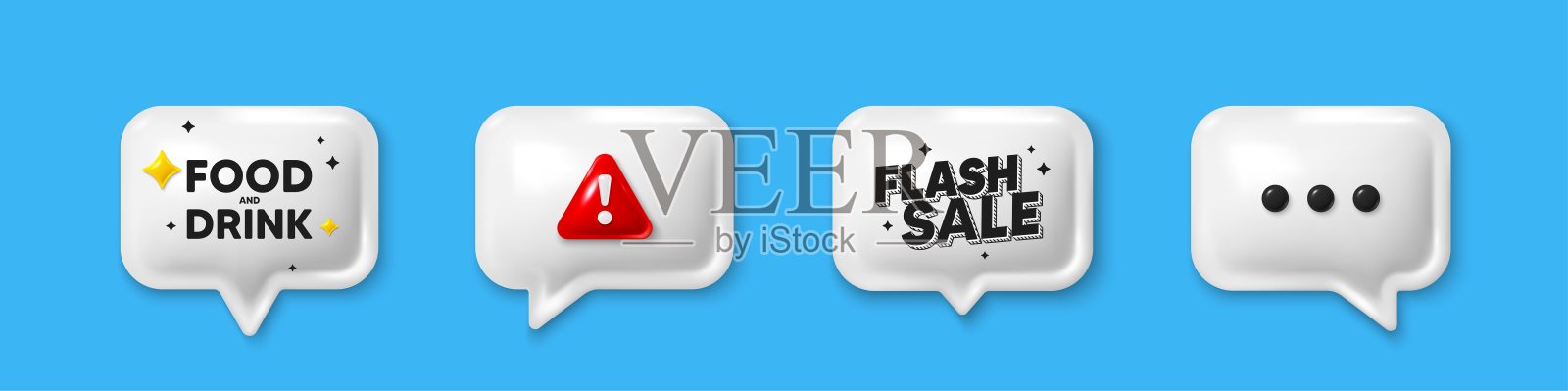 食品和饮料标签。厨房食物供应。提供语音气泡3d图标。向量插画图片素材