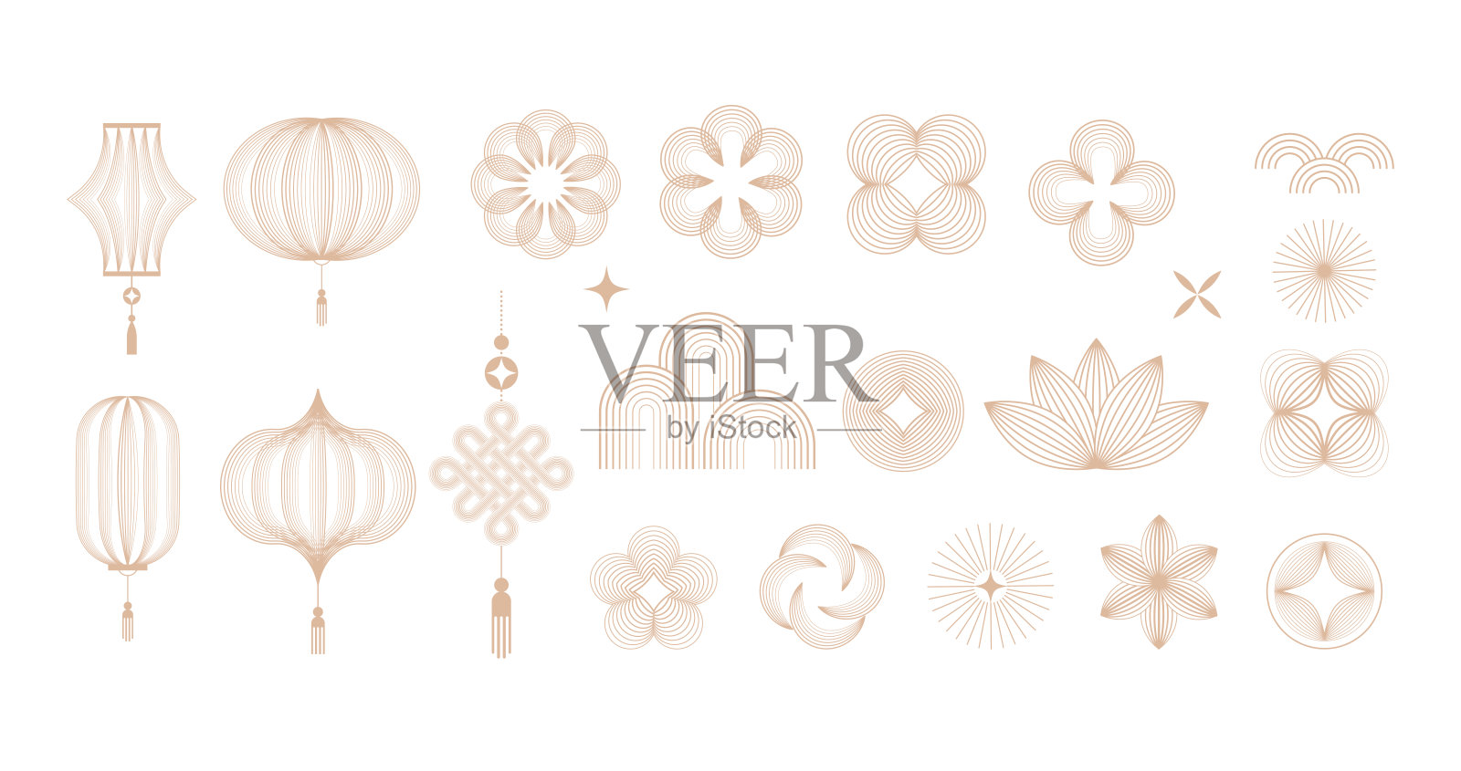 中国新年的图标、标志和装饰品。抽象的线性设计，插图。线艺术灯笼，花，云和框架。现代极简主义插图集插画图片素材