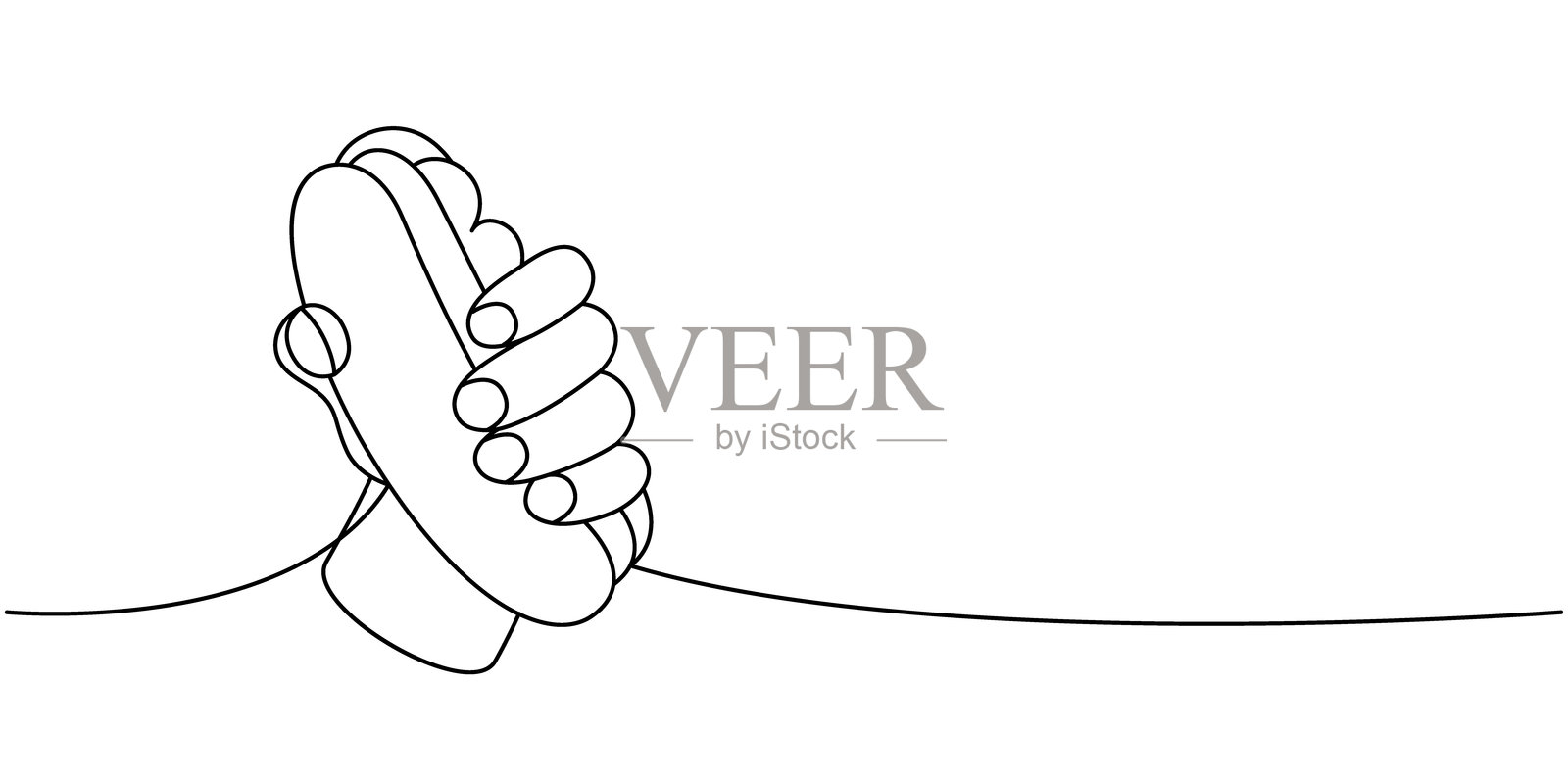 手握热狗一行连续绘制。长面包，腊肠，蔬菜，酱汁。向量线性图解。插画图片素材