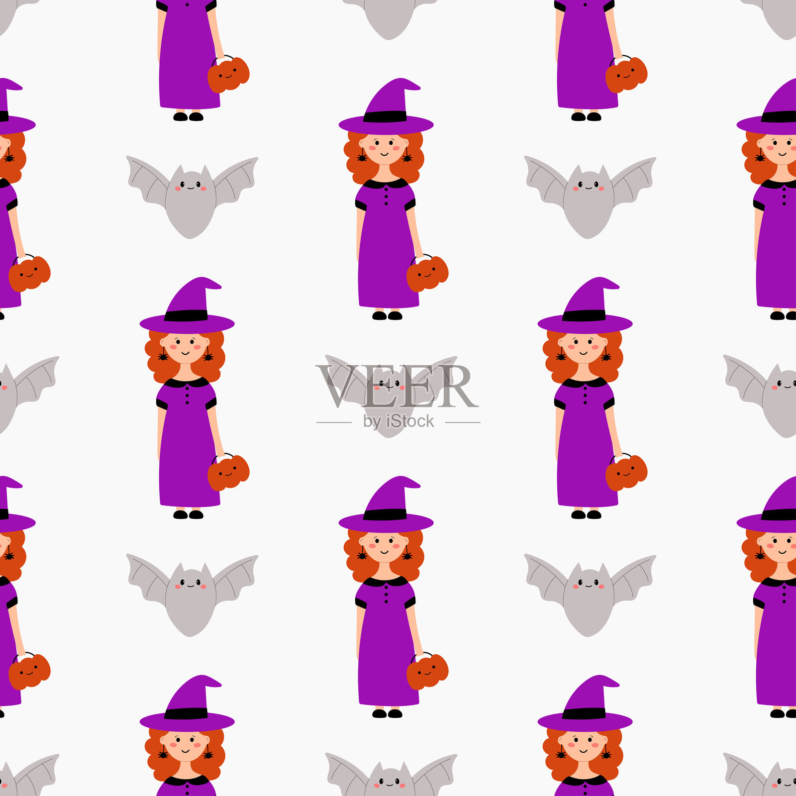 无缝万圣节图案与可爱的女巫和蝙蝠在白色背景手绘平面矢量插画图片素材