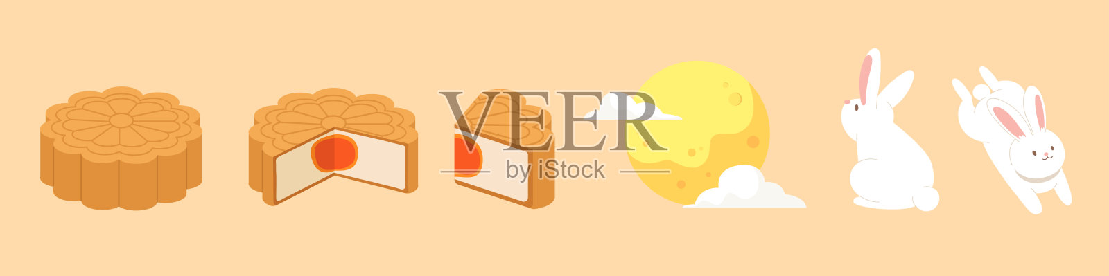 一套各种形状的月饼，满月和兔子中秋节。插画图片素材