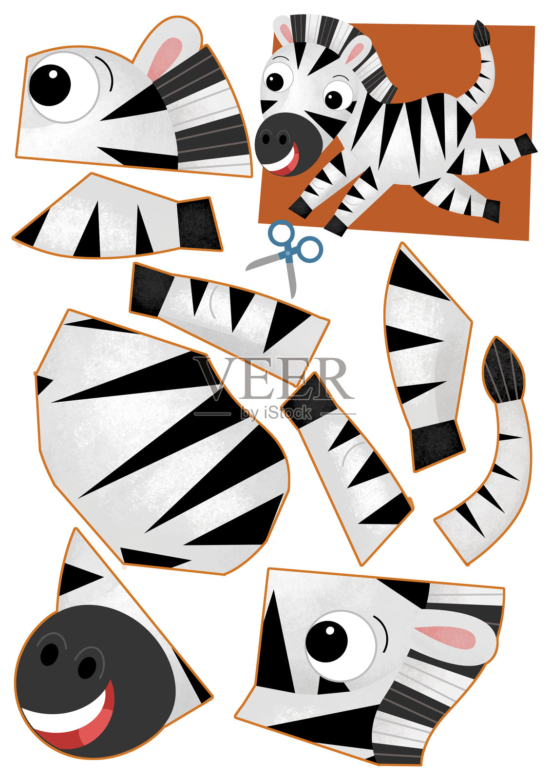 卡通场景与人物拼图剪纸教育练习手册与剪刀动物斑马马插图的孩子插画图片素材