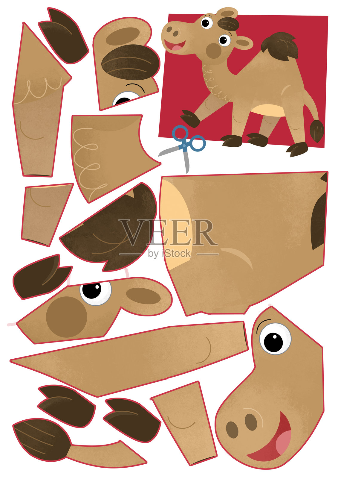 卡通场景与人物拼图剪纸教育练习手册与剪刀动物骆驼单峰插图的孩子插画图片素材