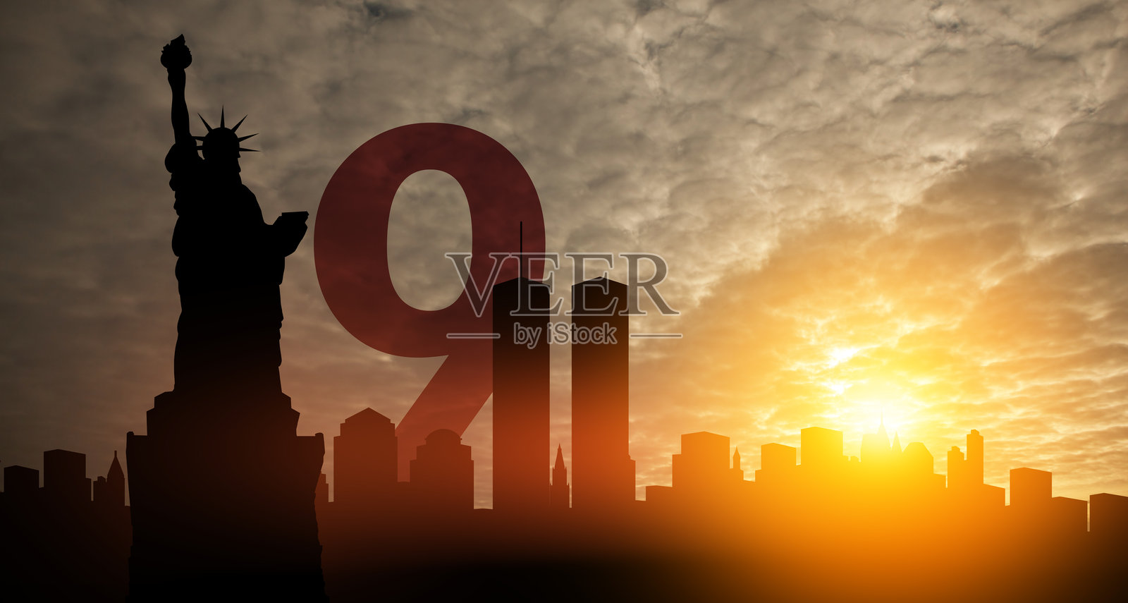 纽约天际线剪影与双子塔和自由女神像在日落。9.11日期概念。照片摄影图片