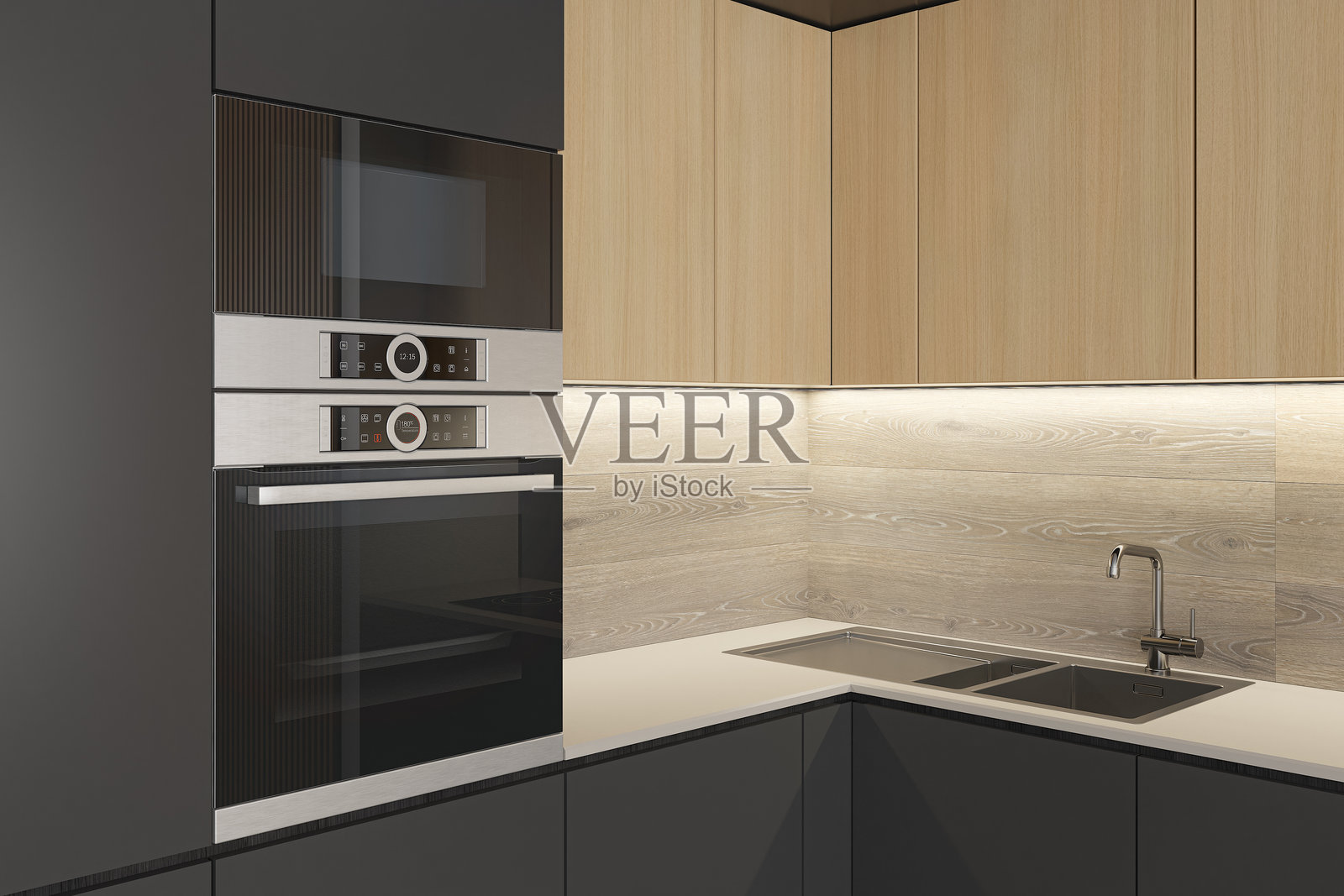 现代小黑色和木材极简厨房L形。黑色和木制哑光材料。橡木细节。照片摄影图片