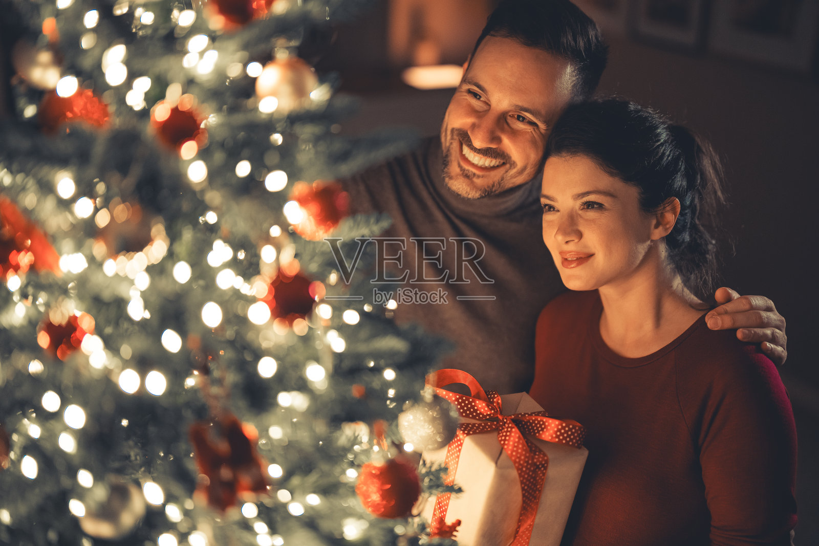 一对恩爱美丽的夫妇享受着彼此的陪伴，一起庆祝圣诞节，欣赏着圣诞树照片摄影图片
