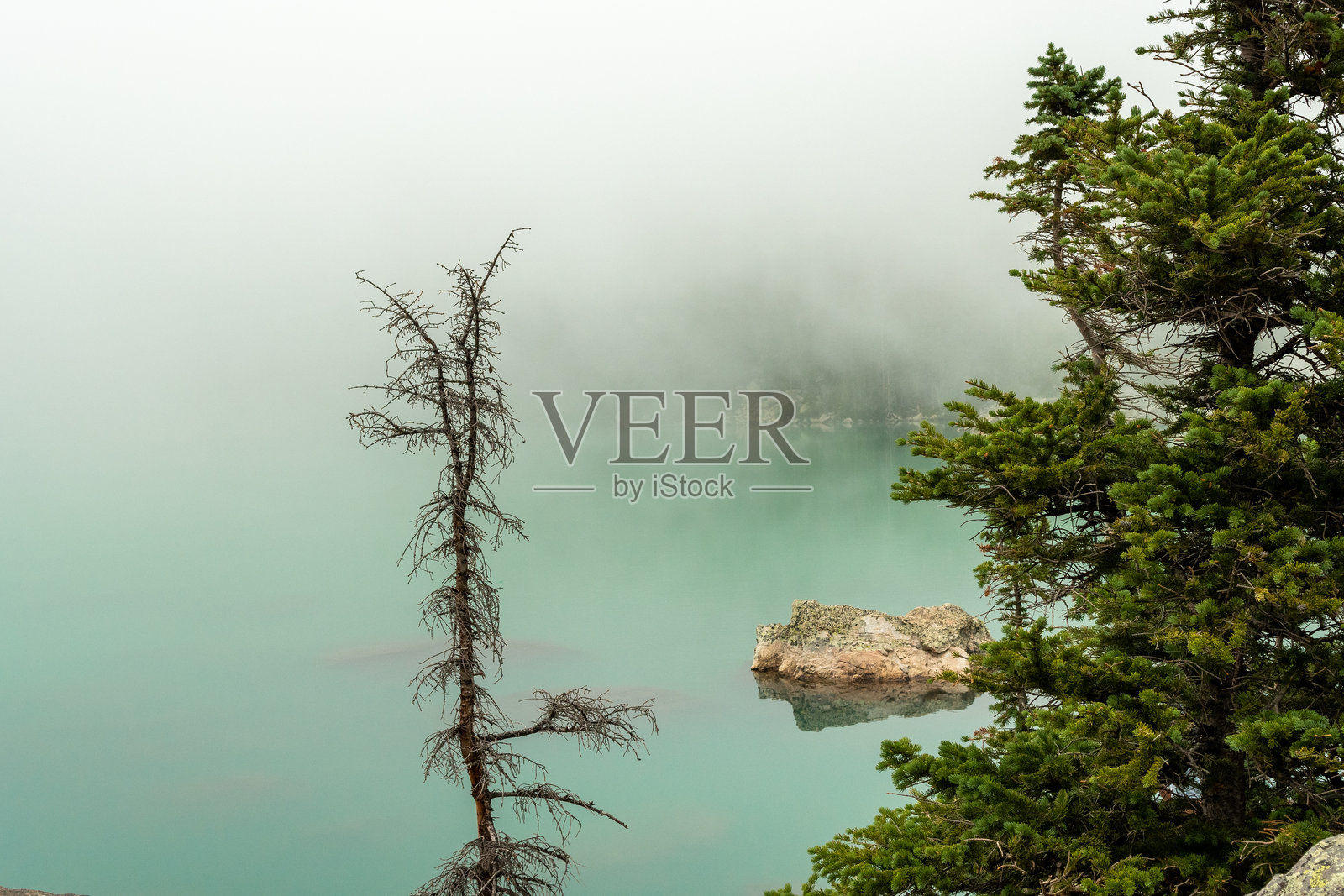雾蒙蒙的早晨，宁静的海雅哈湖被常绿的树木和岩石环绕，天空被云覆盖照片摄影图片