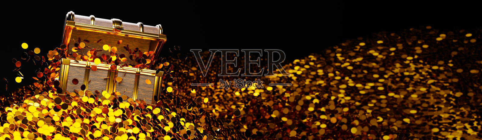 无数的金币从宝箱里洒了出来。老式的木制宝箱，用生锈的金属条紧紧地组装在一起。三维渲染照片摄影图片