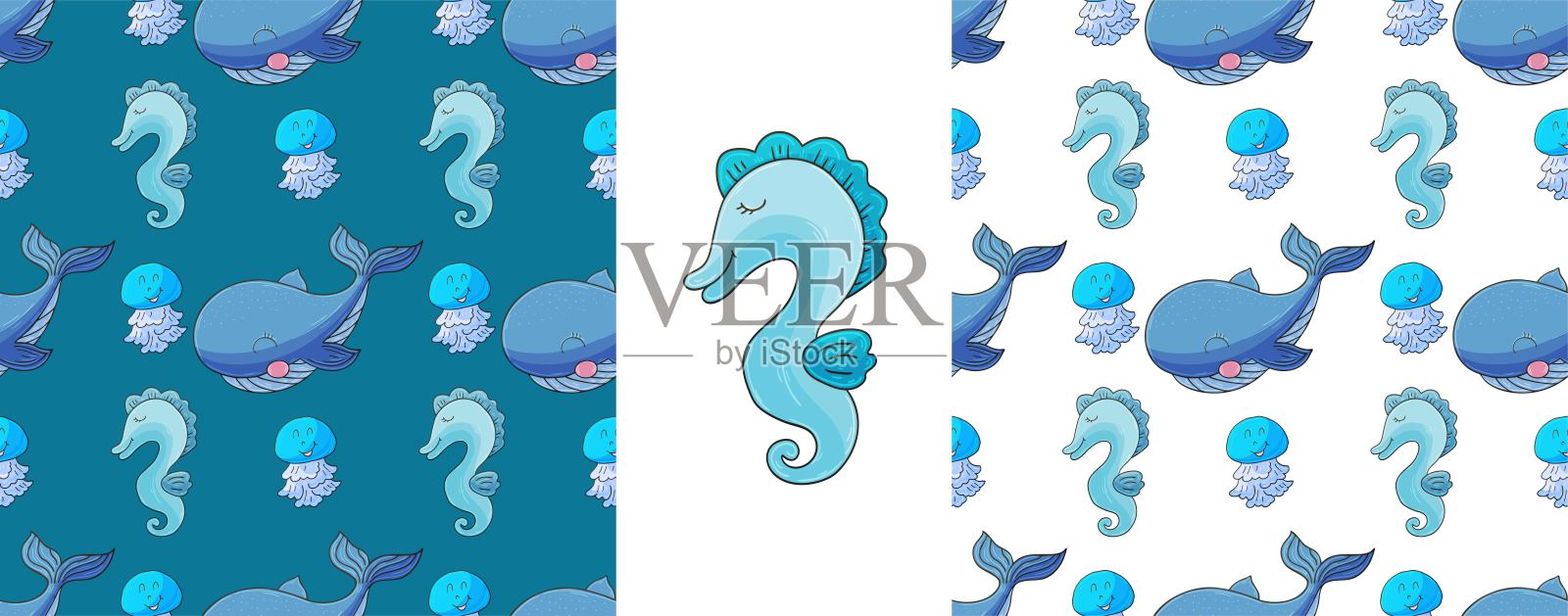 集创意海洋无缝图案。图案手绘风格，为面料创造插画图片素材