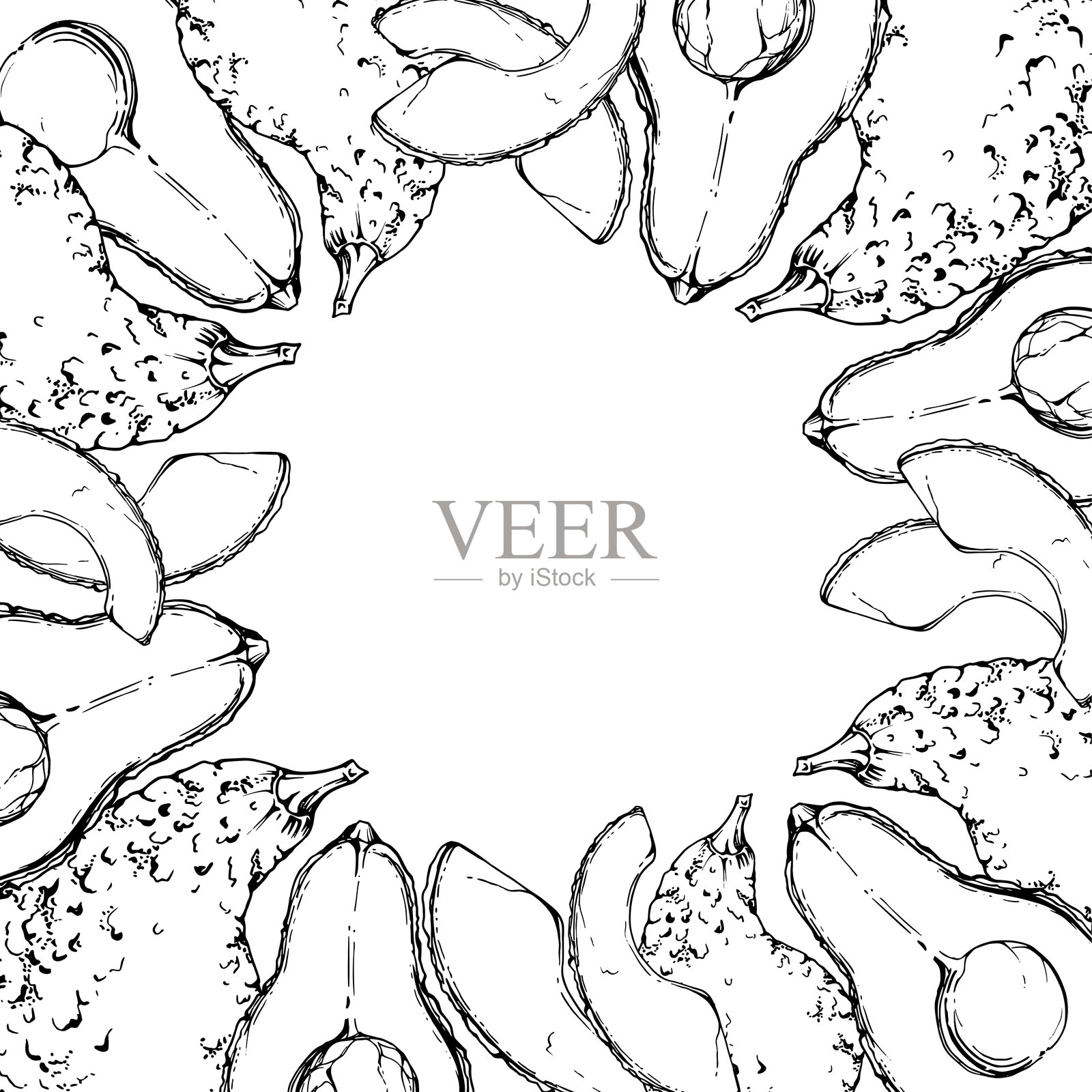 手绘矢量墨水绿色鳄梨蔬菜饮食和健康的生活方式，素食烹饪。插图方形边框框架孤立在白色背景上。设计食谱书、网站、卡片、菜单插画图片素材