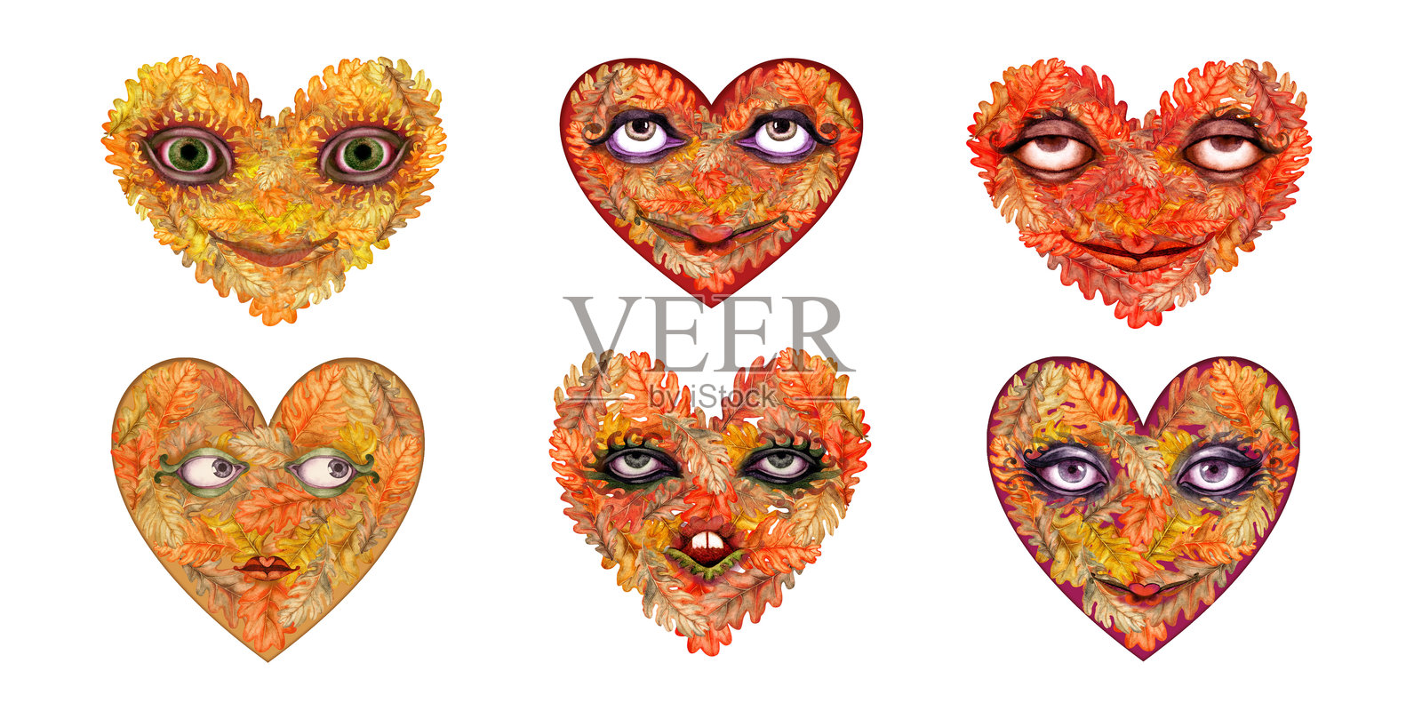 一套用秋天橙色橡树叶做成的带着眼睛和微笑的面具的心。水彩植物插图。模板与树叶纹理，贴纸，海报为丰收的节日，万圣节插画图片素材
