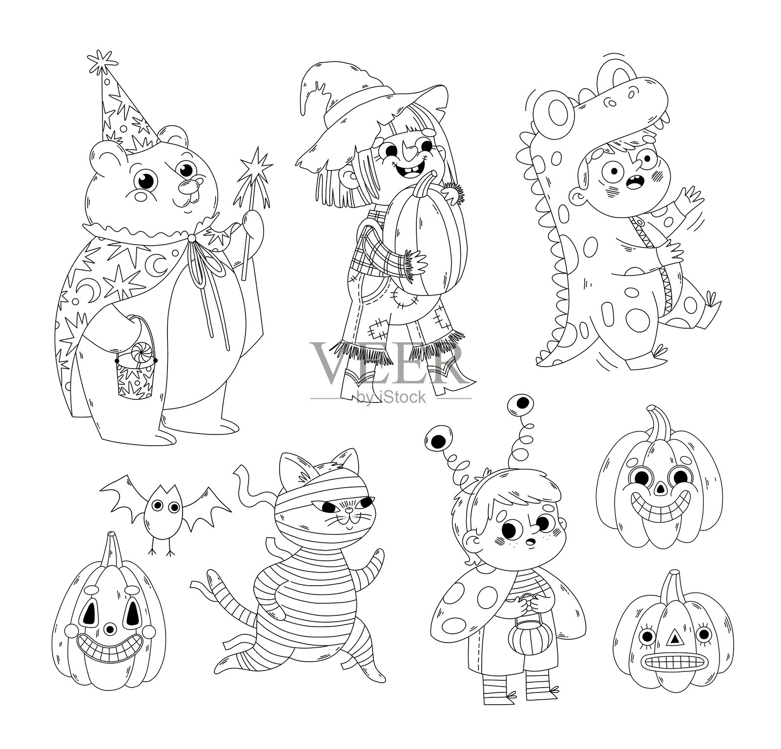 万圣节不给糖就捣蛋的孩子们和动物们的戏服涂色页插画图片素材