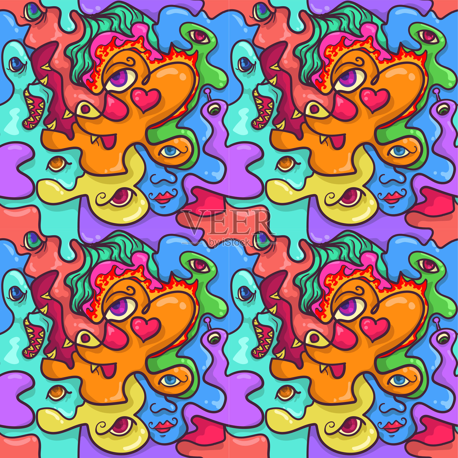 怪物的爱酸概念。抽象彩色酸迷幻独特的抽象可重复的无缝图案矢量插图插画图片素材