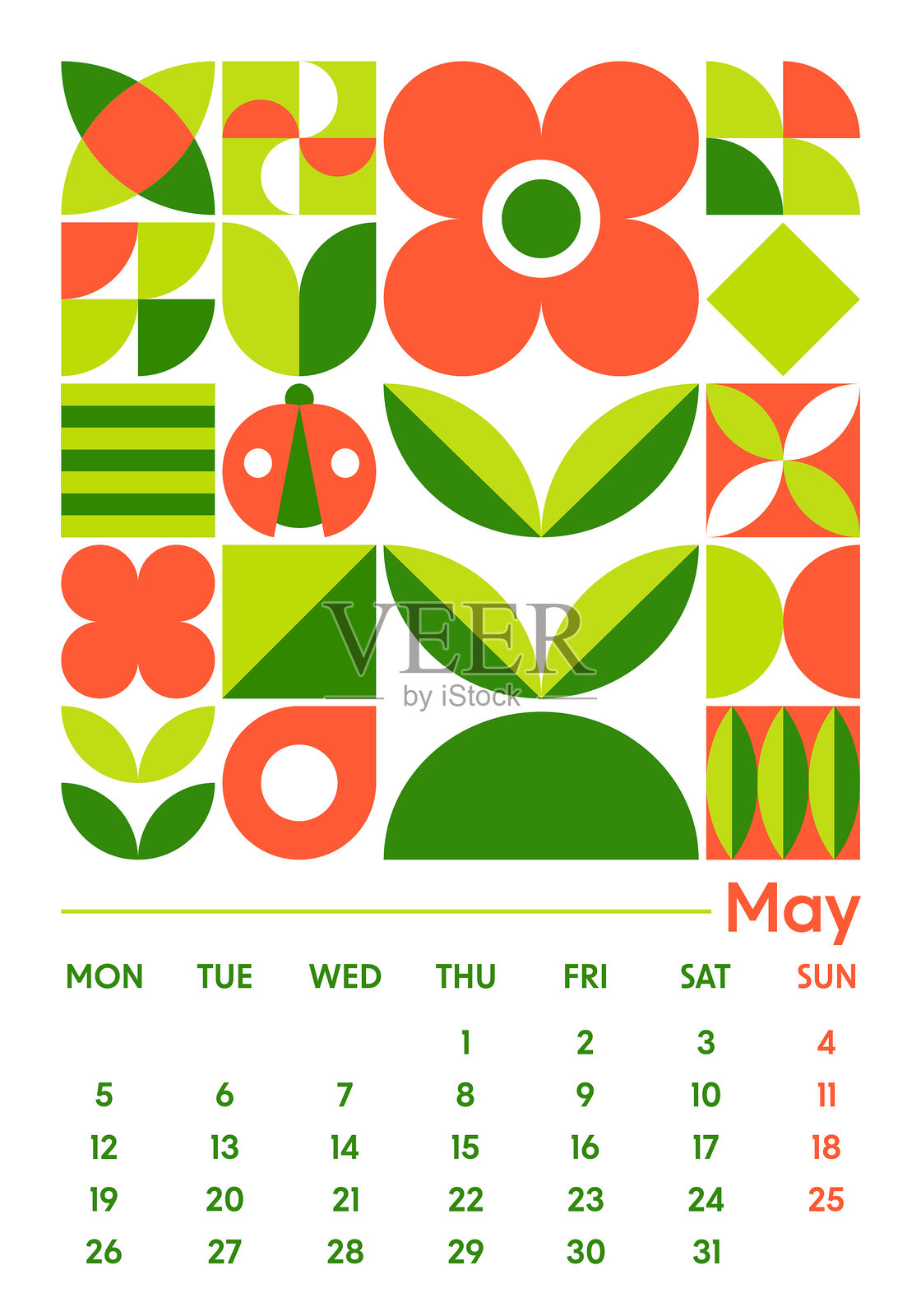2025年五月日历垂直墙-抽象几何包豪斯形状风格2025年彩色日历-欧洲网格-周开始于周一-矢量色彩艺术设计插画图片素材