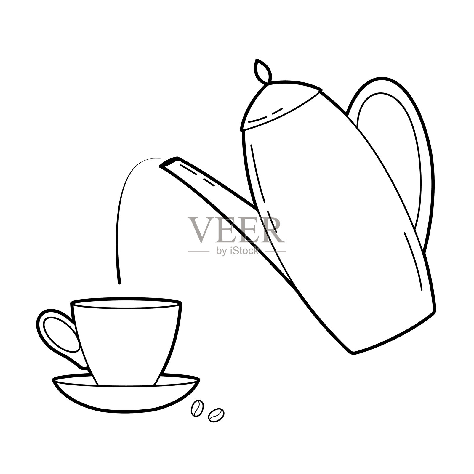 咖啡壶和杯子。早餐。简单的轮廓插图，孤立在白色背景上，设计元素插画图片素材