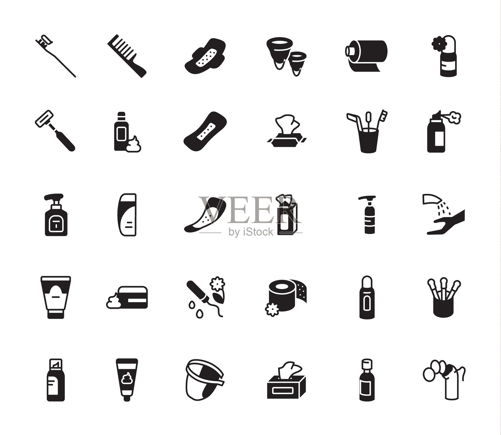 个人护理和卫生图标集在黑色，具有日常洗漱用品和修饰项目，矢量插图插画图片素材
