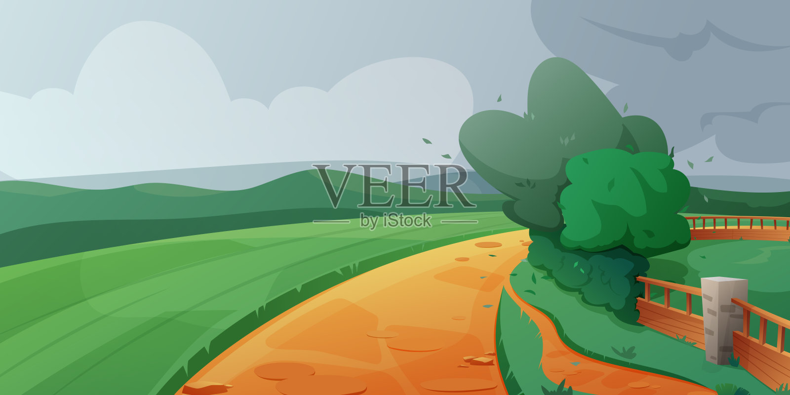 阴天的乡村夏日风景。绿草如茵的农田，村道。篱笆和树。矢量卡通水平插图。插画图片素材