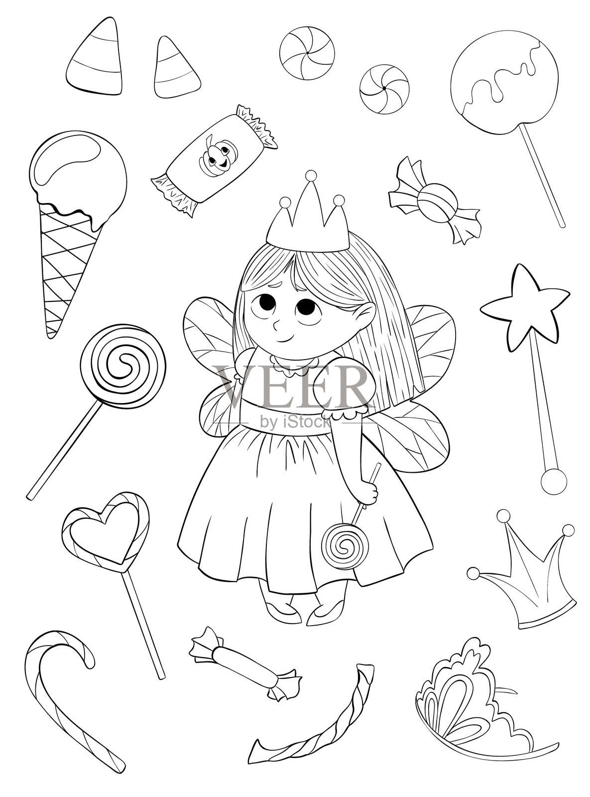 矢量万圣节卡通着色页与一个女孩打扮成一个仙女公主和很多万圣节糖果插画图片素材